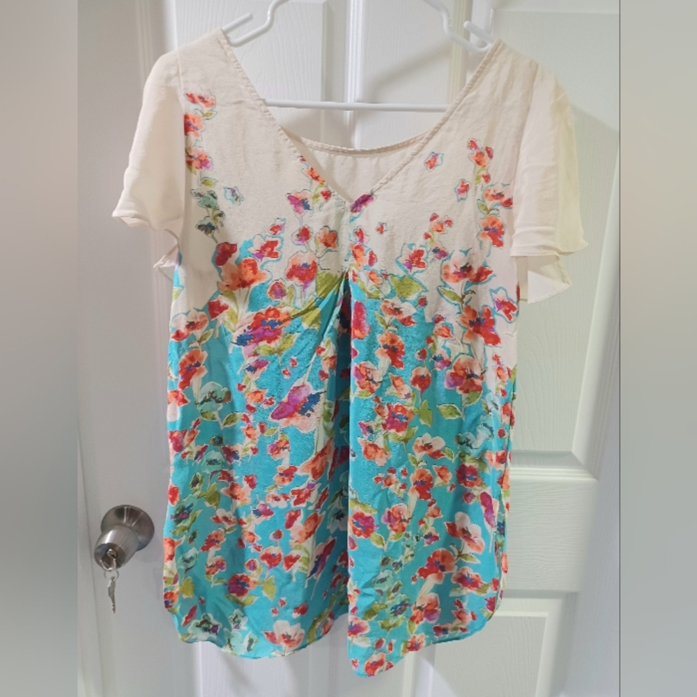 Maeve Anthropology Cream and Turquoise Floral Fresh Blouse - Picture 3 of 5